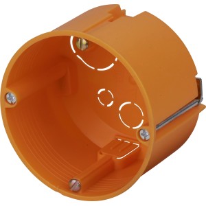 Oranžová krabica do dutých stien Ø 68 mm x 45 mm s rozpernými pazúrmi a vylamovacími otvormi.