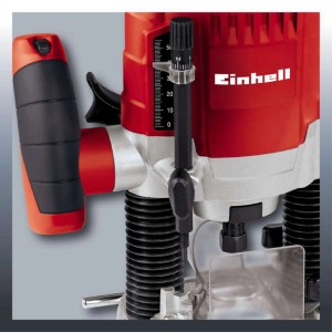 Horná fréza Einhell TC-RO 1155 E, detailný pohľad na nastavenie hĺbky frézovania a rukoväť.