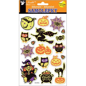 Sada samolepiek na stenu Halloween s tekvicami, pavúkom, čarodejnicou, mačkou a sovou.