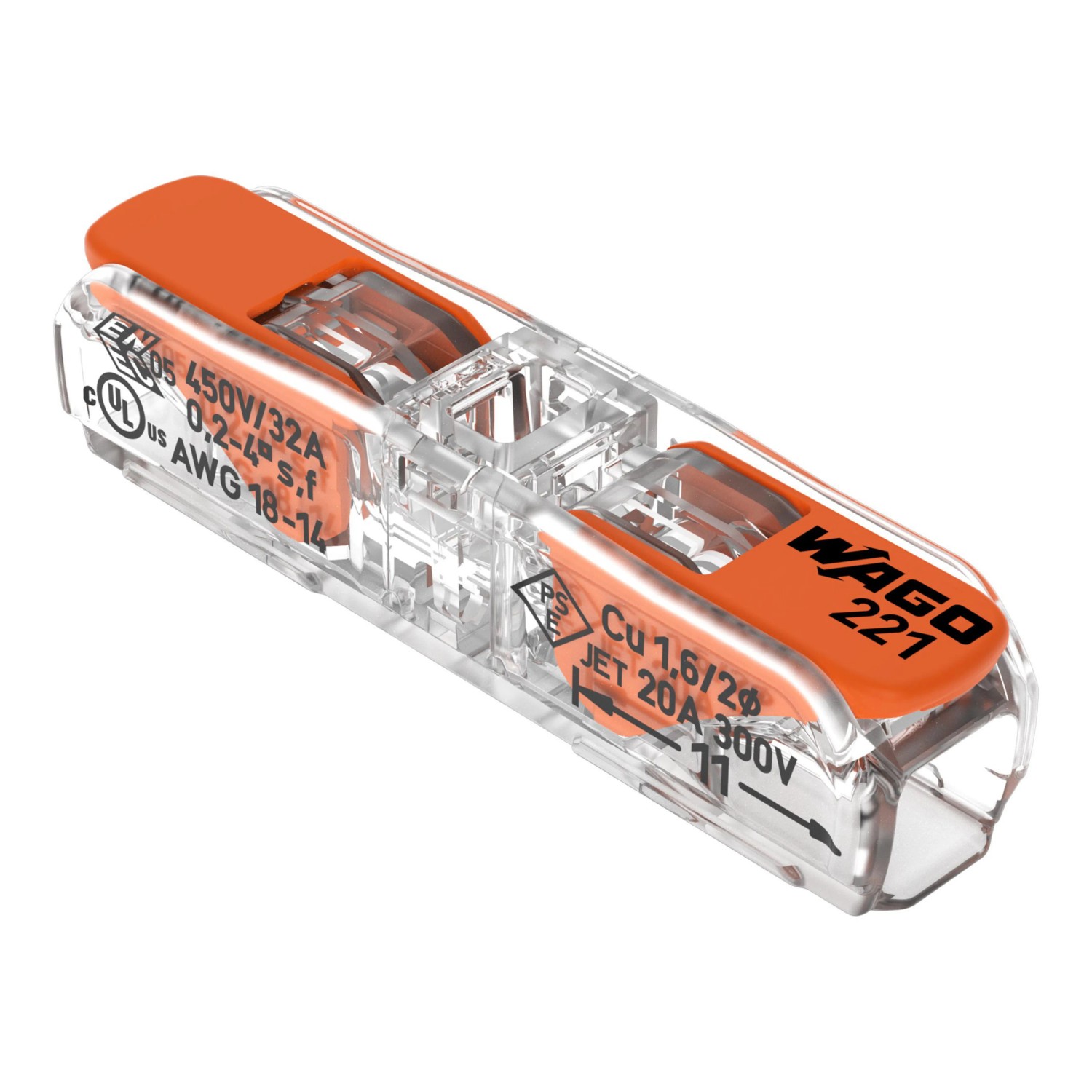 E-shop WAGO Páčková spojovacia svorka 221 Inline, 2 vodiče, max. 4 mm2, 10 ks