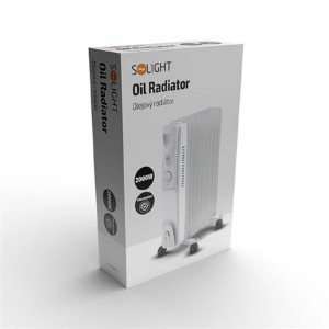 Balenie bieleho olejového radiátora Solight, 2000W, s termostatom. Elektrické topidlo.