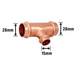 Medený lisovací redukovaný T-kus, 28 mm x 15 mm x 28 mm, pre medené rúry.
