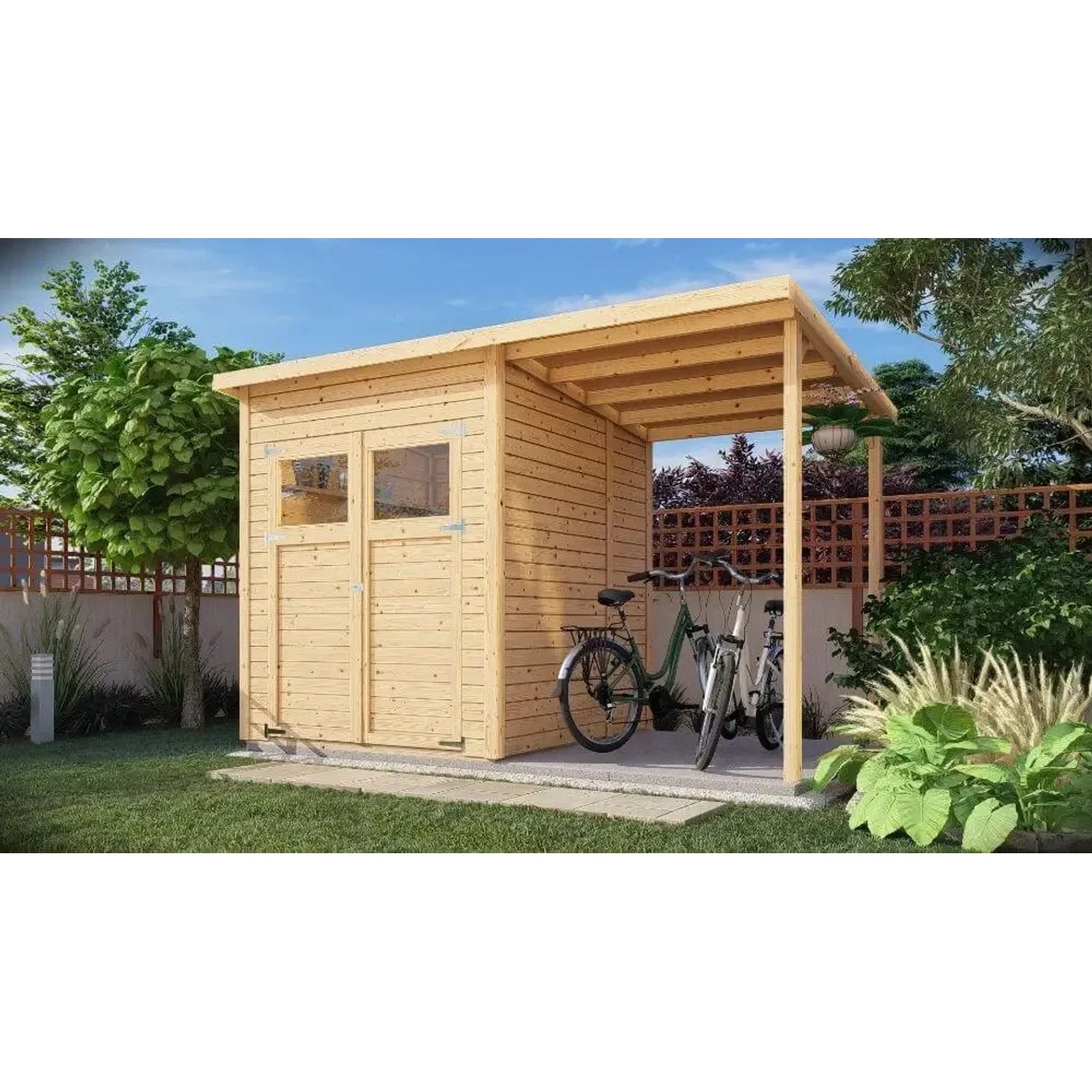 E-shop Bertilo Drevený domček na náradie Amrum 2 Plus s príst., prírodný, 324 x 180 cm