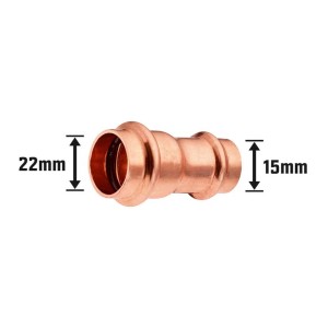 Medená lisovacia redukčná tvarovka, 22 mm x 15 mm, na pripojenie medených rúr v vykurovacích systémoch.