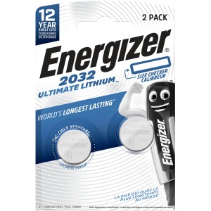 Balenie 2 lítiových gombíkových batérií Energizer CR2032 pre zariadenia ako diaľkové ovládače a teplomery.