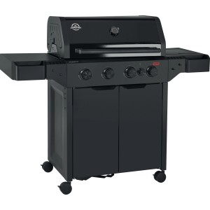 Čierny plynový gril Jamestown Knox II so 4 horákmi, bočnými stolíkmi a skrinkou.