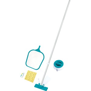 Čistiaca súprava pre bazény Bestway Flowclear so sieťou, kefou a nadstavcom skimmera.