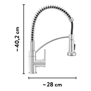 Kuchynská batéria baliv KI-3220 chróm, s flexibilnou sprškou. Páková batéria, výška 40,2 cm, hĺbka 28 cm.