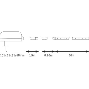 Nákres: Paulmann SimpLED Strip Set, 10m LED pásik s transformátorom a príslušenstvom.