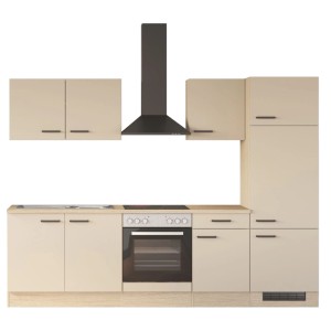 Kuchynská linka Flex-Well Creso 270 cm kašmír mat a dub Provence s rúrou, varnou doskou, drezom, chladničkou, digestorom.