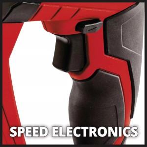 Detail: Akumulátorové vŕtacie kladivo Einhell Power X-Change TE-HD 18 Li-Solo, červené telo, čierna rukoväť.