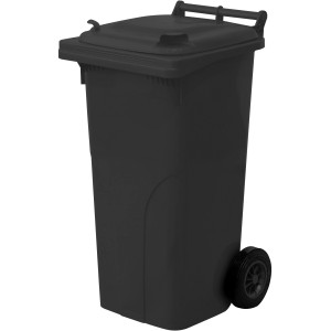 Čierna smetná nádoba s vekom a kolieskami.