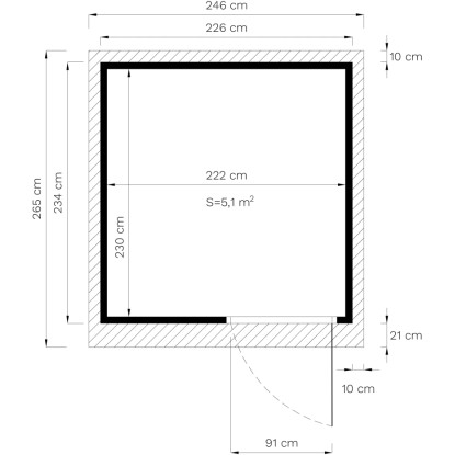 Pôdorys záhradného domčeka Bertilo Pentus 2 prírodný, 234x226 cm, rozmery a otvor dverí