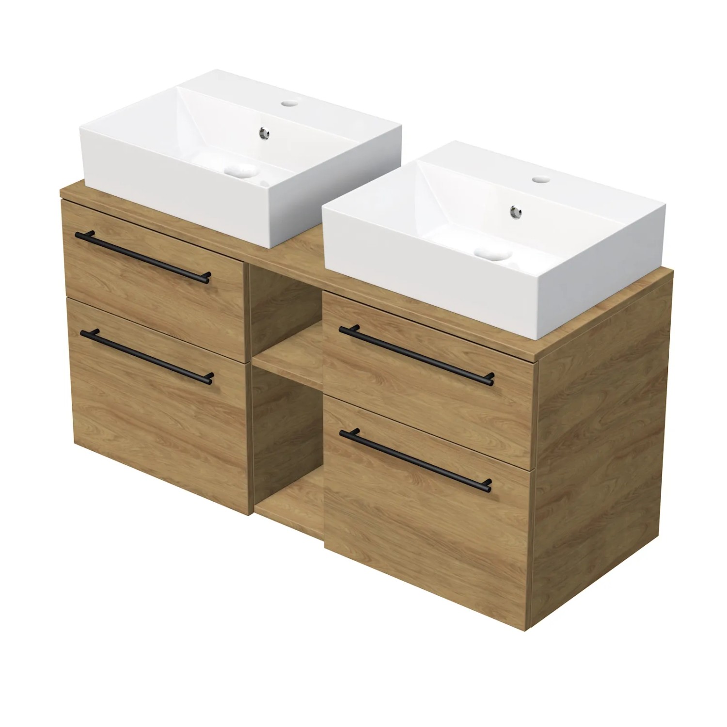 E-shop INTEDOOR Kúpeľ.skriňa+2umývadl BEE, úchyt čierny, 120cm, regál stred dub Hickory