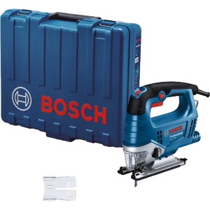 Modrá priamočiara píla Bosch s príslušenstvom a kufríkom.