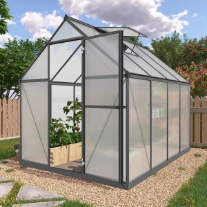Skleník Floraworld Grow III s otvorenými dverami a strešným oknom, hliníkový rám.