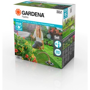 Balenie sady Gardena Start-Set Pipeline pre zavlažovacie systémy s pripojovacou krabicou a vodnými zásuvkami.