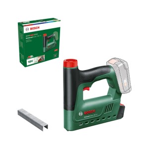 Zelená akumulátorová zošívačka Bosch UniversalTacker 18V-14 s červenými detailmi, sponkami a krabicou.