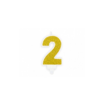 Zlatá trblietavá sviečka v tvare čísla 2. Ideálna na zdobenie narodenín a iných osláv.