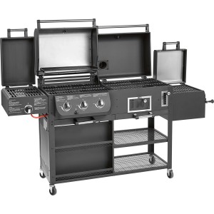 Jamestown Kombigrill Drake: Plynový, gril na drevené uhlie a udiarňa v jednom. Liatinové rošty, s úložným priestorom a kolieskami.