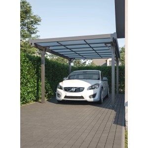 Antracitový hliníkový carport Floraworld s plochou strechou a autom. Robustný samostatný carport.