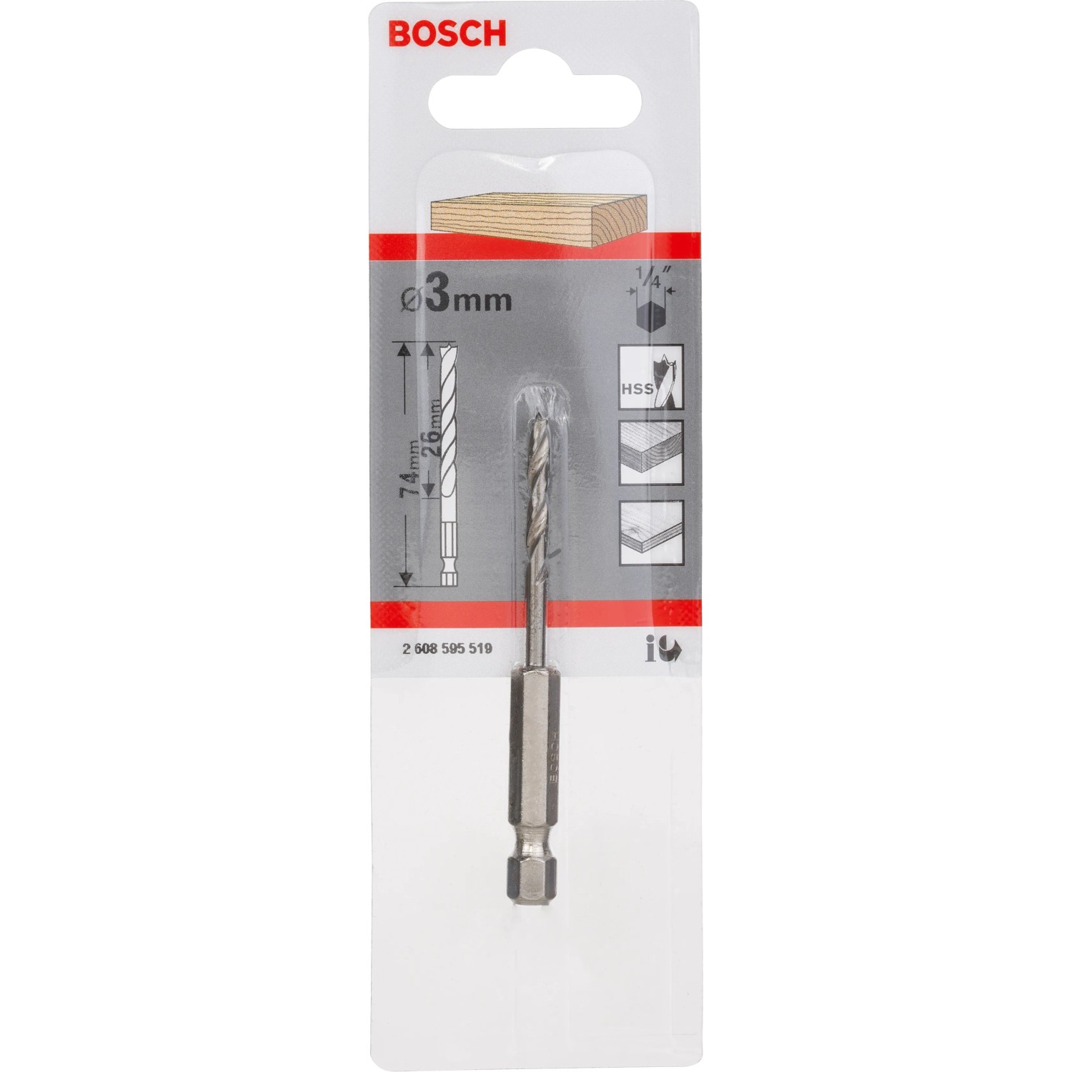 E-shop Bosch Špirálový vrták do dreva so šesťhrannou stopkou 1/4", 3 x 74 mm