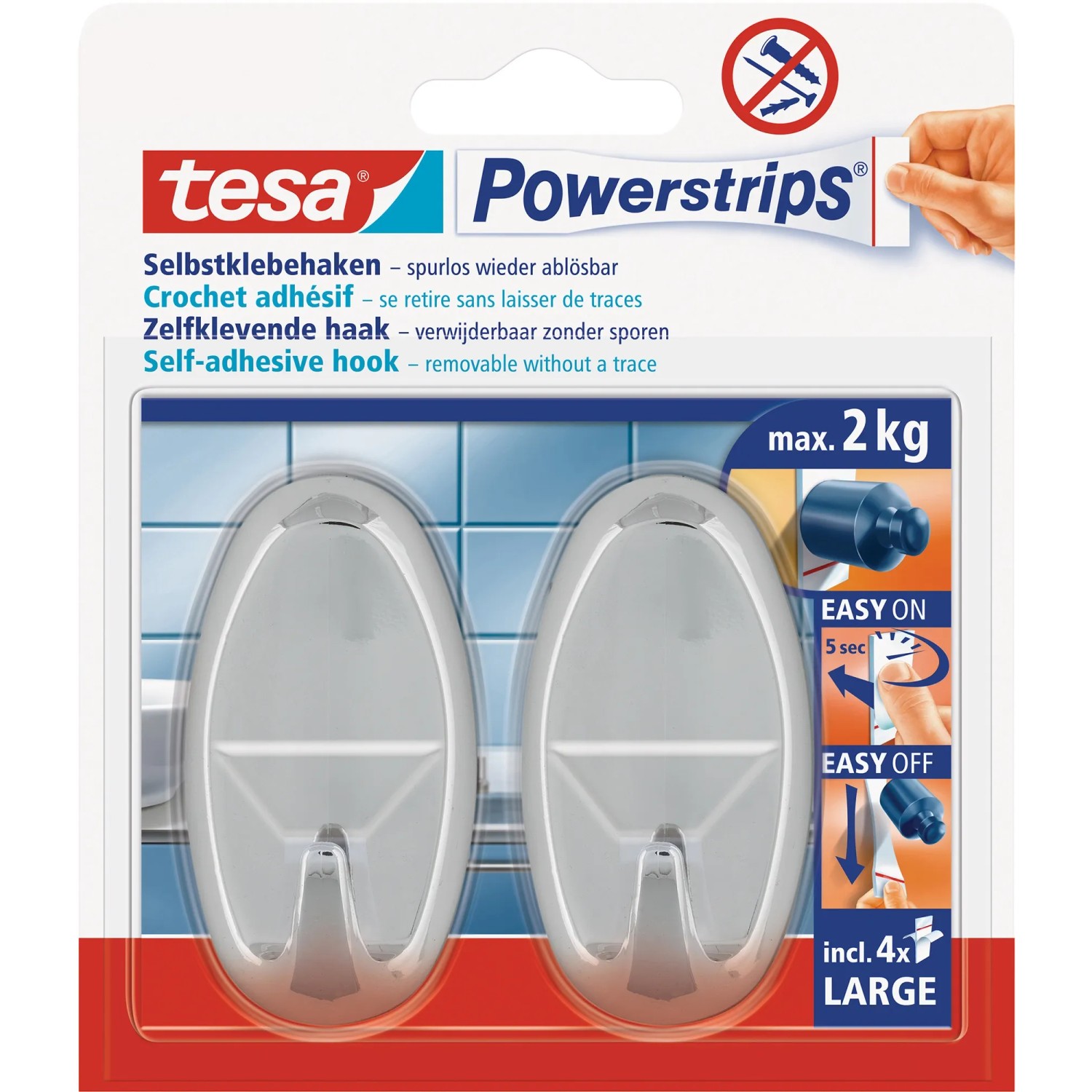 E-shop tesa Samolepiace háčiky Powerstrips L veľké oválne, lesklý chróm, 2 ks
