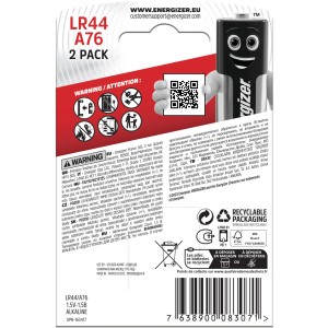 Energizer A76/LR44 gombíkové batérie, 2 kusy, 1,5V alkalické špeciálne batérie pre elektroniku.