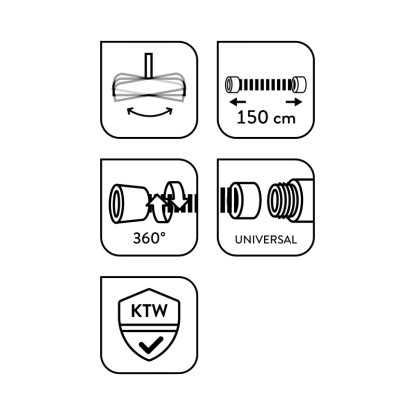 Piktogramy pre: Otočnosť, dĺžka hadice 150 cm, otočný o 360°, Univerzálny, certifikát KTW pre sprchový set baliv.