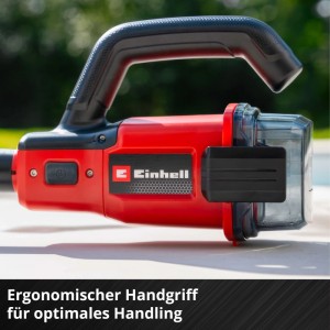 Červený akumulátorový bazénový vysávač Einhell s ergonomickou rukoväťou pre pohodlné čistenie bazéna.