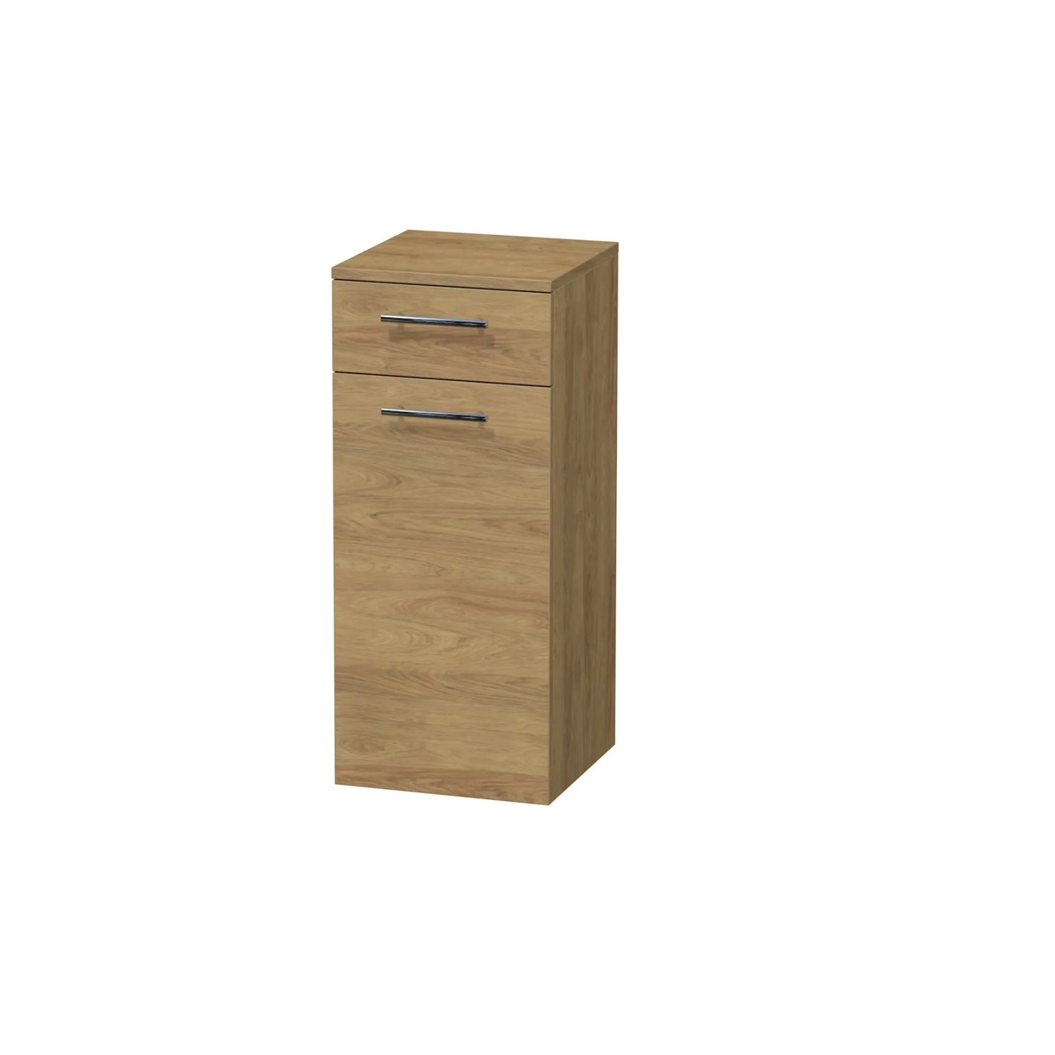 E-shop INTEDOOR Nízka skriňa BEE, úchyt chróm, 1 zásuvka, kôš, š. 35 cm, dub Hickory