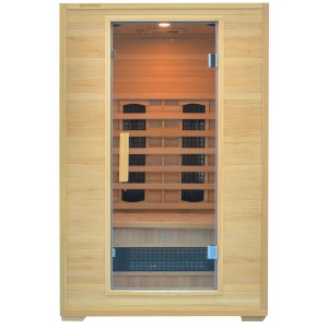t.b.t. Infračervená sauna so sklenenými dverami a dreveným obkladom.
