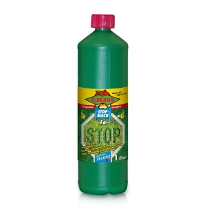 Zelená fľaša Florasin Stop Mach trávnikového hnojiva proti machu, 1 liter.