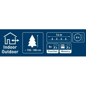 Infografika k LED vianočnému osvetleniu: Vnútorné/vonkajšie, strom 150-180cm, dĺžka 14m, časovač 8h, 8 funkcií, pamäť.