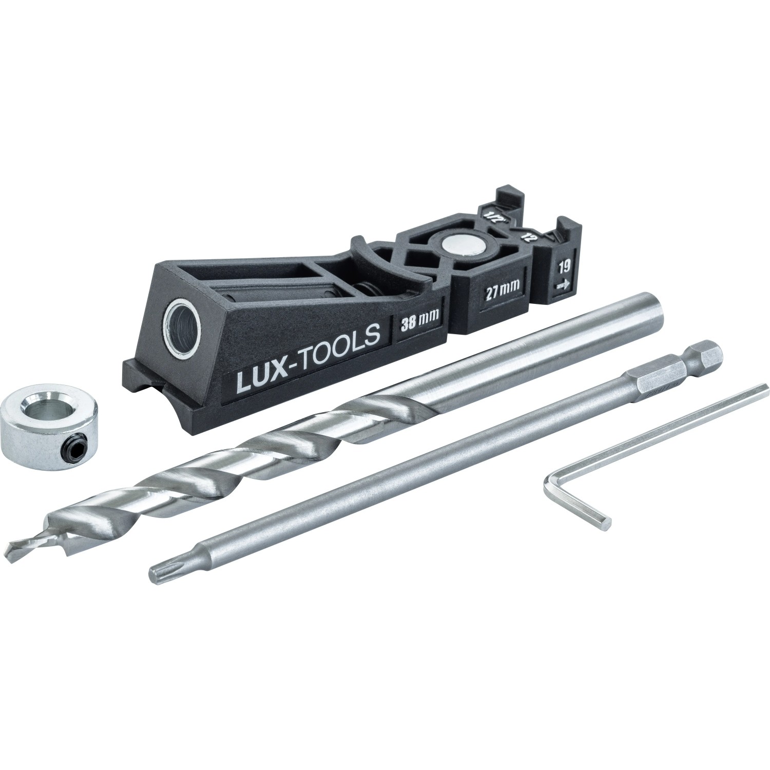 E-shop LUX-TOOLS Vrecková vŕtacia šablóna pre 1 otvor do dreva + vrták