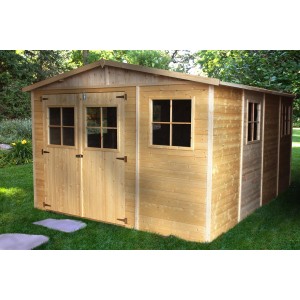 Drevený záhradný domček Timbela M336, 11,97 m², s oknami, bez podlahy. Neošetrený drevený domček v záhrade.