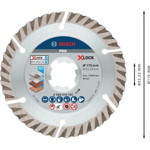 Diamantový rezný kotúč Bosch X-Lock 115 mm. Strieborný kotúč s diamantovými segmentmi pre uhlové brúsky.