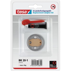 Tesa Power Kit BK20 sada adaptérov pre kúpeľňové doplnky: Montážny adaptér, lepidlo, imbusový kľúč v blistri.