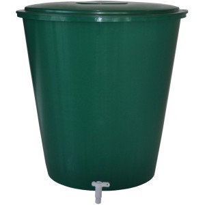 Zelený, okrúhly sud na dažďovú vodu s vekom a kohútikom, objem 500 l.