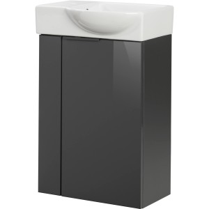 Skrinka pod umývadlo Fackelmann SBC, antracitová, šírka 44 cm. Kompaktná kúpeľňová skrinka s bielym umývadlom.