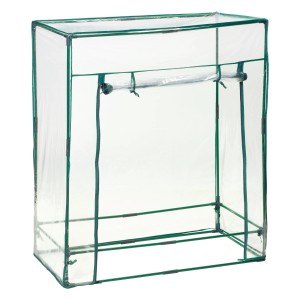 Paradajkový skleník s oceľovým rúrkovým rámom a priehľadnou PVC fóliou.