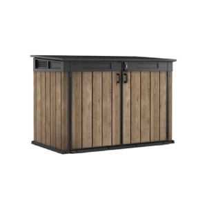 Univerzálny box s imitáciou dreva, dvojkrídlovými dverami a čiernym rámom.