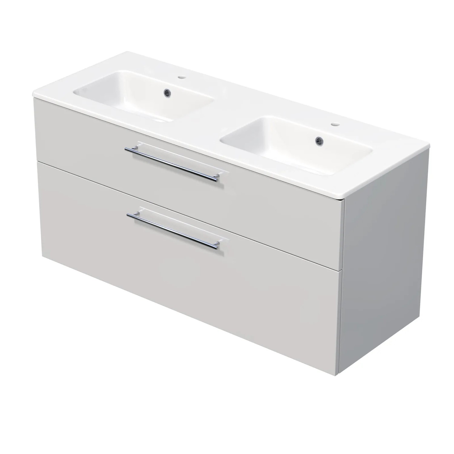 E-shop INTEDOOR Kúpeľ.skriňa+dvojumývadlo BEE, úchyt chróm, š. 121 cm, biela lesk
