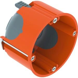Oranžová, vzduchotesná krabica do dutých stien OBO, priemer 68 mm, pre elektroinštalácie.