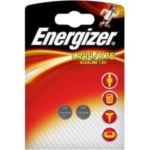 Balenie 2 alkalických gombíkových batérií Energizer A76/LR44 1,5 V pre elektroniku.