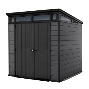 Keter Cortina 4,7 m² sivý záhradný domček s dvojkrídlovými dverami a radom okien pod strechou.