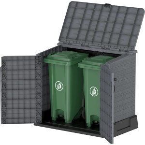 Otvorený univerzálny box Duramax StoreAway 850L v antracitovej farbe s dvoma smetnými košmi vnútri.