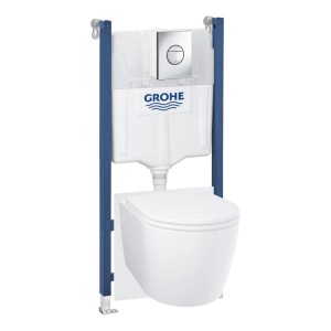 Grohe WC set Solido Compact: biela závesná toaleta, modrý inštalačný rám a chrómová splachovacia doska.