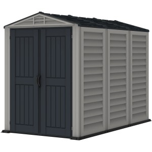 Duramax YardMate Plus plastový záhradný domček, sivý domček na náradie s dvojkrídlovými dverami a lamelovou štruktúrou.