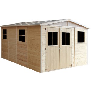 Drevený záhradný domček Timbela M337+M337G, 14,94 m², s oknami a podlahou. Neošetrené drevo, sedlová strecha.